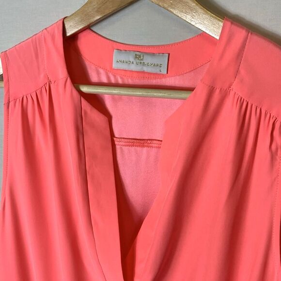 Amanda Uprichard Coral Pink Silk V-Neck Gathered Waist Sleeveless Dress Size L - Picture 4 of 12